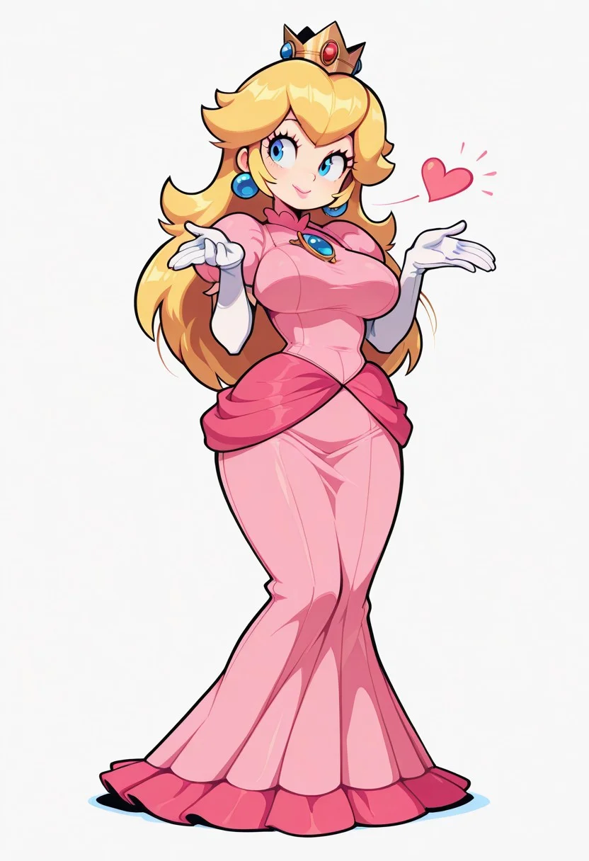 1girl, solo, princess peach, blonde hair, long hair, large breasts, smile, flirty, blowing kiss, pink dress, crown
BREAK
Simple background, all white background, full body, standing,
BREAK
vivid high contrast colors, expressive character
BREAK
short cartoony simplistic art style mix, (speedoru:0.6), valbun, (diives:0.7),
<lora:DarkfireToon2:0.3> <lora:last:0.5> <lora:illustrious_best_quality_v1:1> masterpiece, best quality, very aesthetic, absurdres