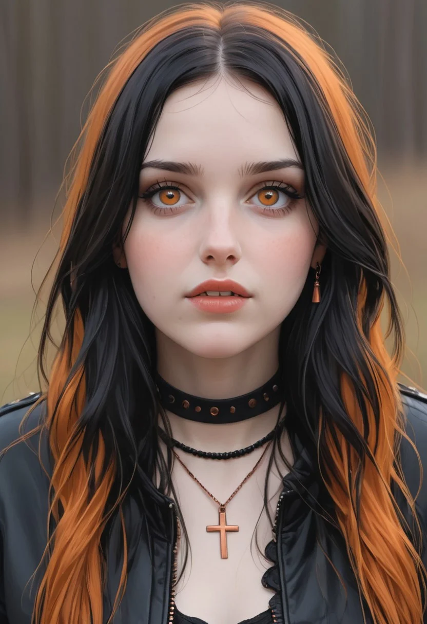 Masterpiece, artistic, focus on copper wedding-ring, realism style, realist, photorealism, very detailed skin, knee-up angle shot.
BREAK
girl,goth girl, (CopperCharater:1.6), protruding teeth:1.3,human, protruding ears:1.3, human ears, long straight hair, black hair, orange dyed dip, hazel eyes:1.3,  white pale skin, copper jewelry, black clothes, [[chubby]], micro-short, micro top, aviator jacket, /(flat chest:1.3, narrow shoulders, fat ass, thick thighs:1.4, thin waist:1.2, wide hips:1.5/) , goth Native American clothes:1.1.