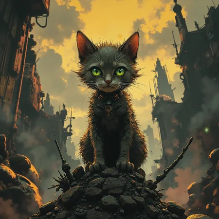 In a desolate, post-apocalyptic landscape, a small, fluffy cat with piercing green eyes gazes directly at the viewer, its expression a mix of pride and defiance. The cat's fur is a mesmerizing blend of vibrant, iridescent hues, as if infused with the essence of the stars it has witnessed from its perch atop a crumbling, mechanical relic. In the background, the remnants of a futuristic cityscape stretch towards the horizon, shrouded in a haze of murkiness and grime, while the sky above glows with an eerie, golden hour light. Lumin, <lora:Flux_Turbo_Alpha.safetensors:1.0> <lora:Luminous_Shadowscape-000016.safetensors:0.5> luminous shadowscape <lora:aidmaImageUprader-FLUX-v0.3.safetensors:0.4> aidmaimageupgrader
