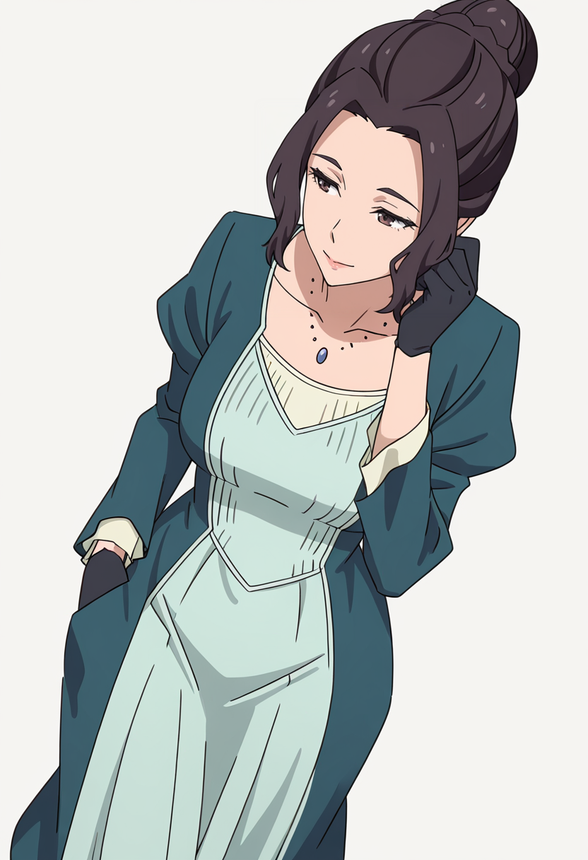 Smooth Quality,masterpiece,very intricate, high quality details, ultra realistic, high detailed skin,detailed enviorement,absurdres,
simple background, white background,
walking, one hand in pocket, looking aside, casual, confident,  ,dynamic angle,
 <lora:Blumund_Queen_cnn:0.7>blumundqueencnn,1girl, black hair, hair bun,mature female, 
long sleeves, blue dress, black gloves,jewelry, necklace,