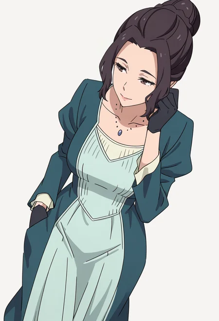 Smooth Quality,masterpiece,very intricate, high quality details, ultra realistic, high detailed skin,detailed enviorement,absurdres,
simple background, white background,
walking, one hand in pocket, looking aside, casual, confident, ,dynamic angle,
<lora:Blumund_Queen_cnn:0.7>blumundqueencnn,1girl, black hair, hair bun,mature female,
long sleeves, blue dress, black gloves,jewelry, necklace,