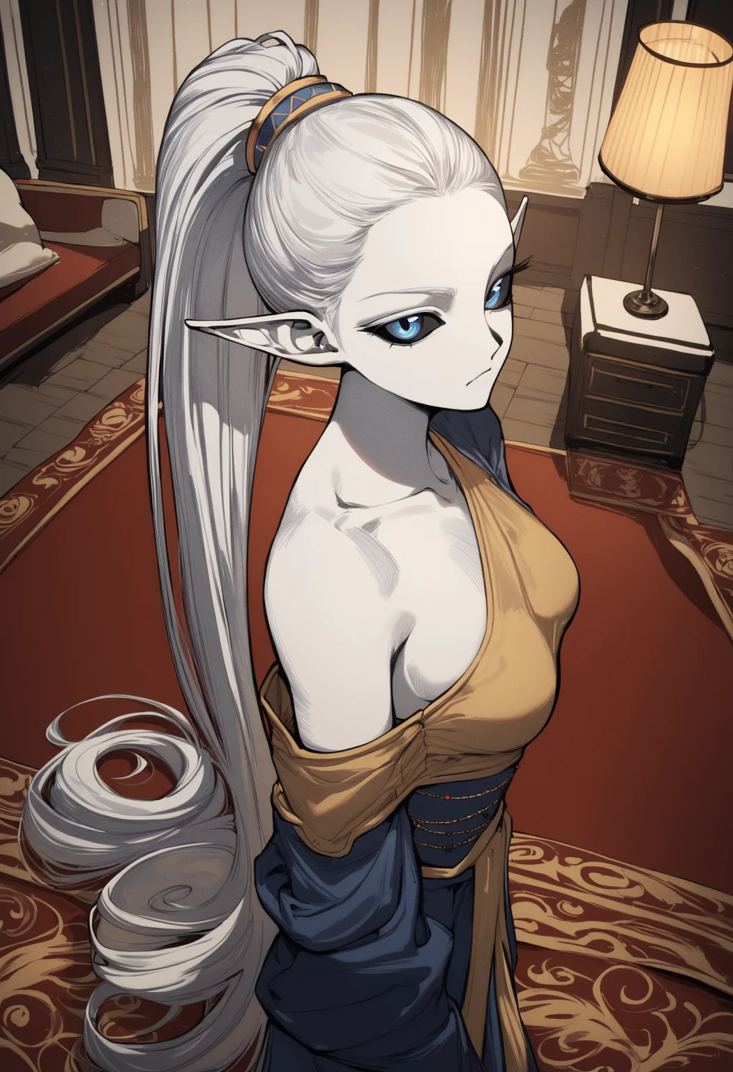 score_9, score_8_up, score_7_up,
1girl, pale skin, white hair, long bang ponytail, pointed ears, blue eyes, black sclera, medium breasts,
indian sari, golden links, one shoulder, bindi, covered breasts, fully clothed,
Indian palace, carpets, pillows, lamps,
standing, serious look, high Angle, from side, looking at viewer,
<lora:Muryo-_style:1>,muryo,