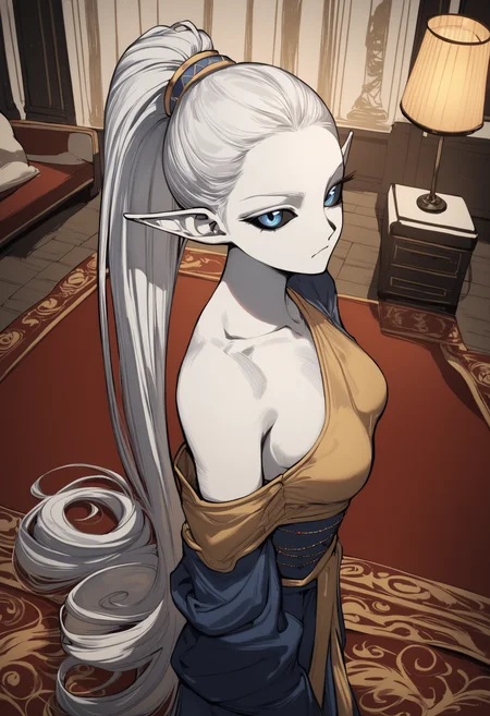 score_9, score_8_up, score_7_up,
1girl, pale skin, white hair, long bang ponytail, pointed ears, blue eyes, black sclera, medium breasts,
indian sari, golden links, one shoulder, bindi, covered breasts, fully clothed,
Indian palace, carpets, pillows, lamps,
standing, serious look, high Angle, from side, looking at viewer,
<lora:Muryo-_style:1>,muryo,