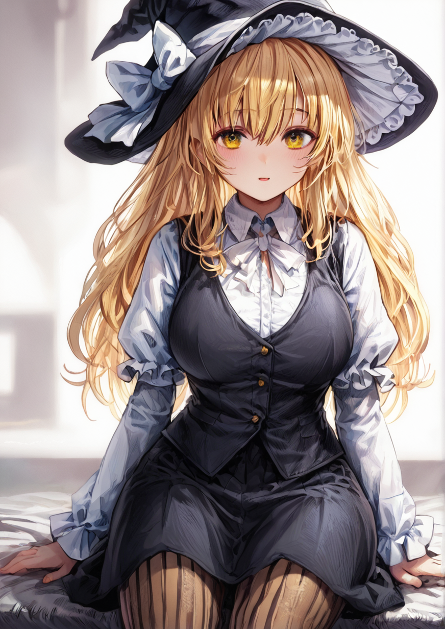 1girl, kirisame marisa, huge breast, , black headwear, black skirt, black vest, blonde hair, bow, curly hair, frilled hat, frills, hat, hat bow, juliet sleeves, long hair, long sleeves, looking at viewer, pantyhose, puffy sleeves, ribbon, shirt, sitting, skirt, solo, striped, striped pantyhose, vertical-striped pantyhose, vertical stripes, very long hair, vest, white bow, white shirt, witch hat, yellow eyes<lora:ãã°ã¡ããgibagiba:1> zPDXL3
