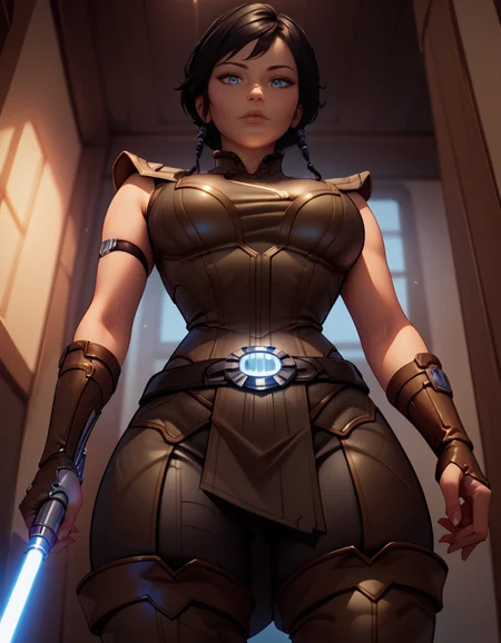 score_9, score_8_up, score_7_up,score_6_up, score_5_up, score_4_up , 1girl, solo,
large breasts,
sateleshandg,
black hair, blue eyes,
armor, thigh boots, belt,
holding lightsaber,
looking at viewer, holding weapon,
from below,
<lora:Satele Shan PonyXL V01:0.90>