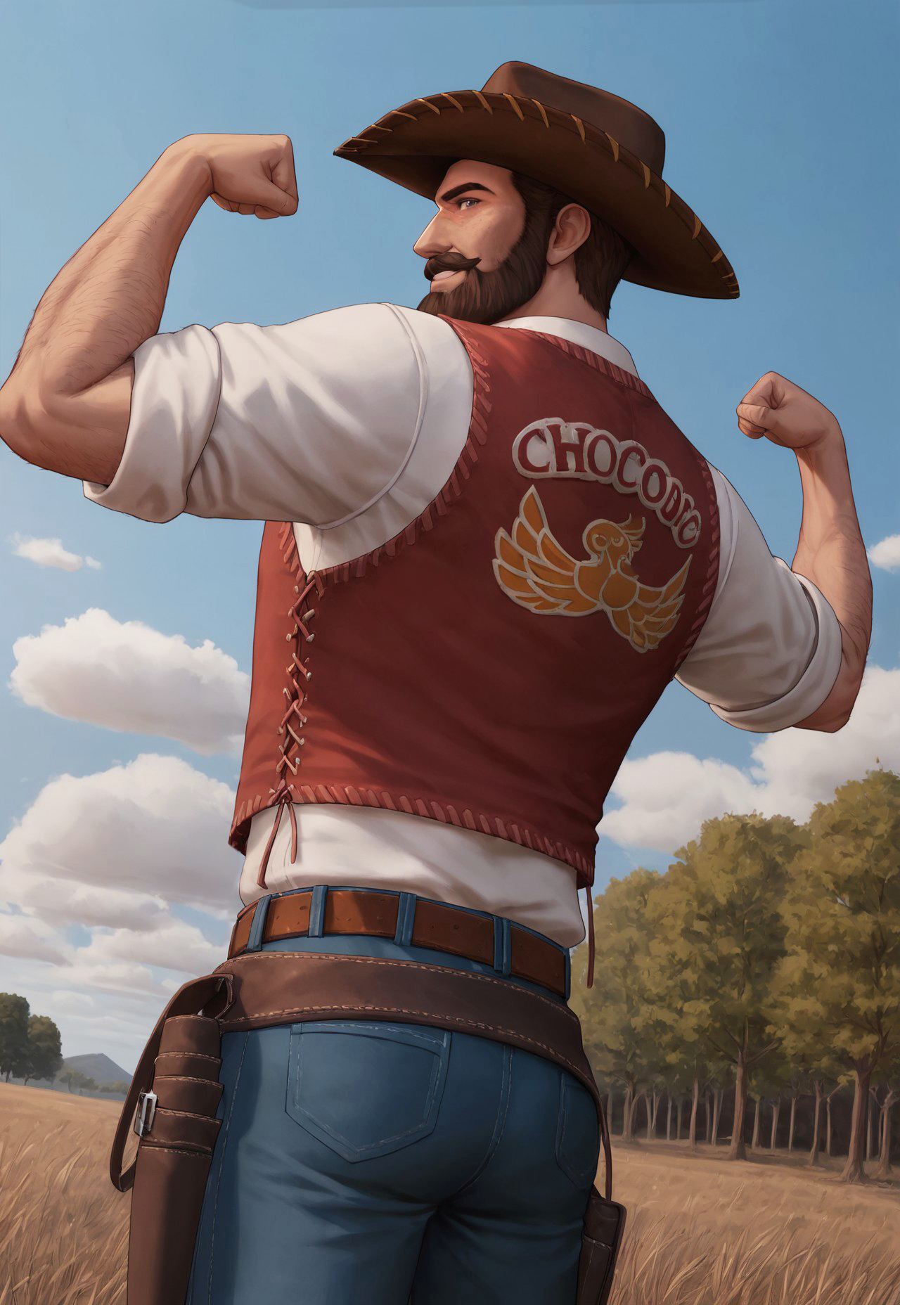 score_9, score_8_up, Ch0c0b0Sam, short hair, brown hair, gray eyes, beard, mustache, mature male, muscular, brown cowboy hat with chin strap, red vest, white shirt, sleeves rolled up, belt, holster, frayed blue jeans, looking at viewer, smile, dynamic pose, detailed background, dutch angle, upper body, cowboy shot, blue sky, clouds, trees, farm, gust of wind, (back view), hairy arms, flexing, big ass, below view,