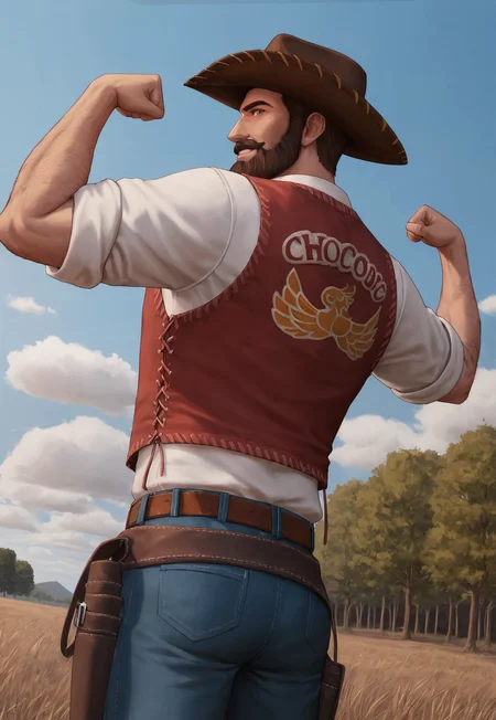 score_9, score_8_up, Ch0c0b0Sam, short hair, brown hair, gray eyes, beard, mustache, mature male, muscular, brown cowboy hat with chin strap, red vest, white shirt, sleeves rolled up, belt, holster, frayed blue jeans, looking at viewer, smile, dynamic pose, detailed background, dutch angle, upper body, cowboy shot, blue sky, clouds, trees, farm, gust of wind, (back view), hairy arms, flexing, big ass, below view,