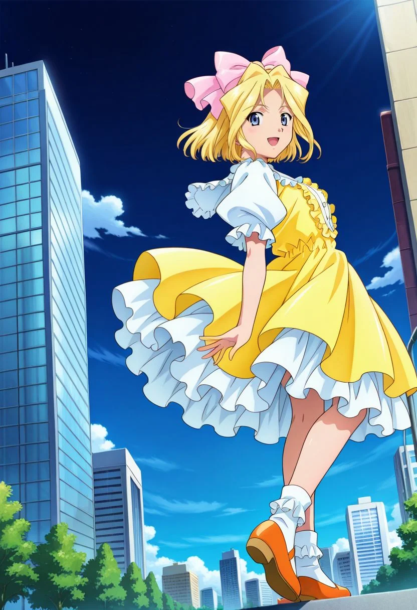 detailed eyes, beautiful, detailed background, perfect eyes,
source_anime, very aesthetic, anime coloring, masterpiece, official art,
<lora:HandFineTuning_XL:1>
BREAK,
park, cityscape,
from side, float hair, dynamic angle, looking at viewer, open smile,
full body, from below,
BREAK,
<lora:iris_illustrious_v01:0.9>
irisBase, blonde hair, blue eyes, hair bow, pink bow, short hair, parted bangs, yellow dress, white puffy sleeves, short sleeves, multi-layered dress, yellow frills, white socks, orange footwear,