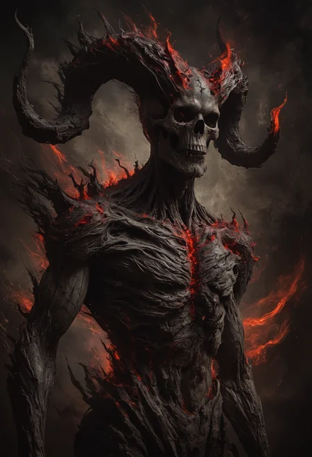 A towering creature with an ominous skull-like visage and long twisting horns emerges from the shadows, its muscular humanoid form is composed of dark greys and blacks, with stark accents of vivid red where the figure appears to disintegrate into embers and ashes, all against a moody backdrop of swirling dark reds, <lora:NicolaSamori:0.6>, <lora:Into_Darkness:0.4>, <lora:MJ52:0.3>