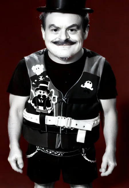 ((((((black and white,black shirt, belt, stubble, red theme, shorts, greyscale, 1boy, life vest)))))),((small man with mustache, top hat, kenbis, chibi, chibi, male only, male, male chibi, monocle, art deco, thick mustache, comically large mustache, handlebar mustache, tiny, multiple men, shrunk, microxl, some little guys, high angle, from above)), bwMovies, realistic, photo, vintage photo, ((very small man, small man, a small man, a man who is small, a small man)), an unapologetically small human male, black and white, smiling, very happy, euphoric, ecstatic, wonderful small men, large smile, huge smile