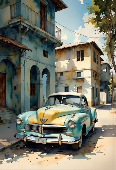 A watercolor painting of a vintage car parked on a street in a small town. The car is a blue and yellow vintage car with a white roof and chrome accents. It is parked on the side of the street, with a building on the left side and a tree on the right side. The building has a balcony with a railing and a door, and there are other buildings in the background. The street is lined with trees and there is a street lamp post in the foreground. The sky is blue with a few clouds, and the overall mood of the image is peaceful and serene. The colors used in the painting are vibrant and the brushstrokes are visible, giving the painting a soft and dreamy feel. Old cuban cars.