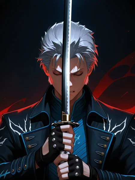 upper body, 
night, dim light, dark, epic, Vergil, Vergil Devil May Cry, Devil May Cry Game, epic poster, close up view, holding katana, white katana handle, grey hair, black coat, fingerless gloves, dramatic, super dramatic, dark background, POWER, realistic, angry, 1male, eyes closed, blue, blade near face, masculine face, holding sword, sword sheath
,masterpiece,best quality,amazing quality,