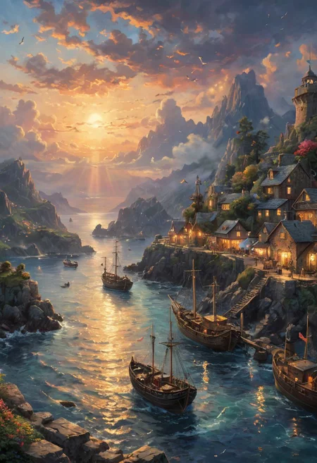 a beautiful painting of an harbour at sunset with islands scattered in the sea and ships in the storming sea. in style of impressionism. dark fantasy, hyper detailed, sharp focus, soft light. oil on canvas, ray tracing. trending on artstation, romantic impressionism, dream scenery art, beautiful oil matte painting, romantic, style of thomas kinkade, beautiful digital painting, anime landscape, romantic painting, thomas kinkade style painting, dreamlike digital painting, colorful painting, beautiful gorgeous digital art, style thomas kinkade <lora:add_detail:0.5>