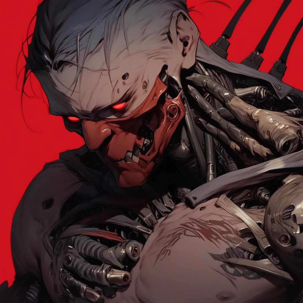 score_9, score_8_up, score_7_up, score_6_up, score_5_up, score_4_up, Sinozick, dark aesthetic, red eyes, mask, red background, male focus, shirtless, mechanical parts, cyborg