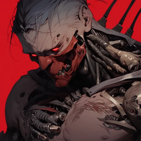 score_9, score_8_up, score_7_up, score_6_up, score_5_up, score_4_up, Sinozick, dark aesthetic, red eyes, mask, red background, male focus, shirtless, mechanical parts, cyborg