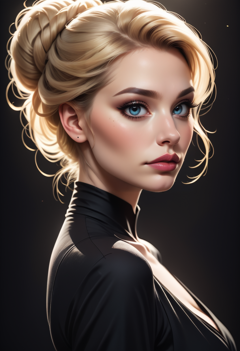 score_9, score_8_up, score_7_up, score_6_up, score_5_up, score_4_up score_9,score_8_up, digital art, female portrait, realistic 3D illustration, blue eyes, blonde hair, elegant updo, soft lighting, contemplative expression, dark background, subtle makeup, high-resolution, detailed texture, emotional depth, dramatic mood, classic black dress, side profile, serene atmosphere, cinematic lighting.