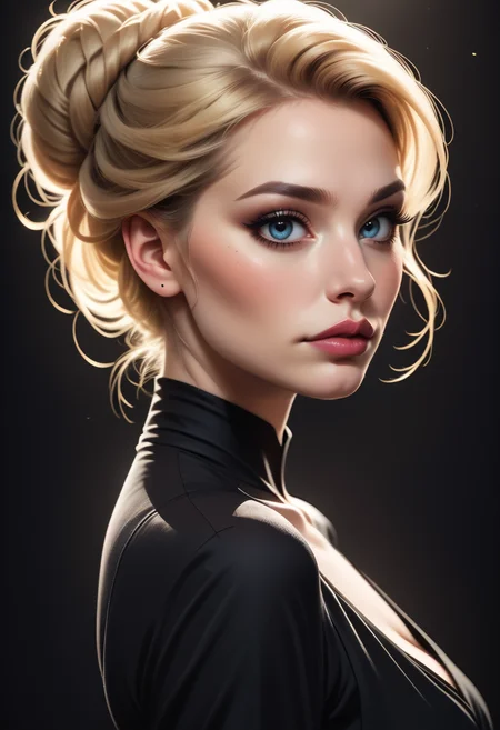 score_9, score_8_up, score_7_up, score_6_up, score_5_up, score_4_up score_9,score_8_up, digital art, female portrait, realistic 3D illustration, blue eyes, blonde hair, elegant updo, soft lighting, contemplative expression, dark background, subtle makeup, high-resolution, detailed texture, emotional depth, dramatic mood, classic black dress, side profile, serene atmosphere, cinematic lighting.