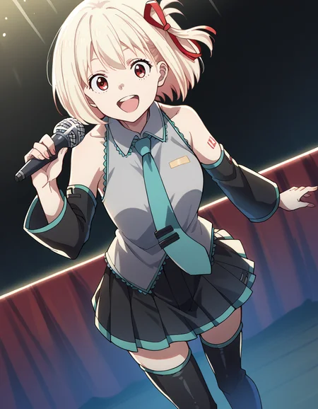 score_9, score_8_up, score_7_up, source_anime, chisatonishikigi, <lora:chisato-nishikigi-s1-ponyxl-lora-nochekaiser:1>, chisato nishikigi, short hair, bangs, blonde hair, red eyes, hair ribbon, one side up, bob cut,, <lora:hatsune-miku-cosplay-ponyxl-lora-nochekaiser:1>, hatsunemikucosplay, hatsune miku \(cosplay\), aqua necktie, black footwear, black skirt, black sleeves, boots, collared shirt, detached sleeves, grey shirt, necktie, pleated skirt, shirt, skirt, sleeveless, sleeveless shirt, thigh boots, tie clip,, stage, stage lightings, singing, microphone, holding microphone, open mouth, smile,, cowboy shot, dutch angle,