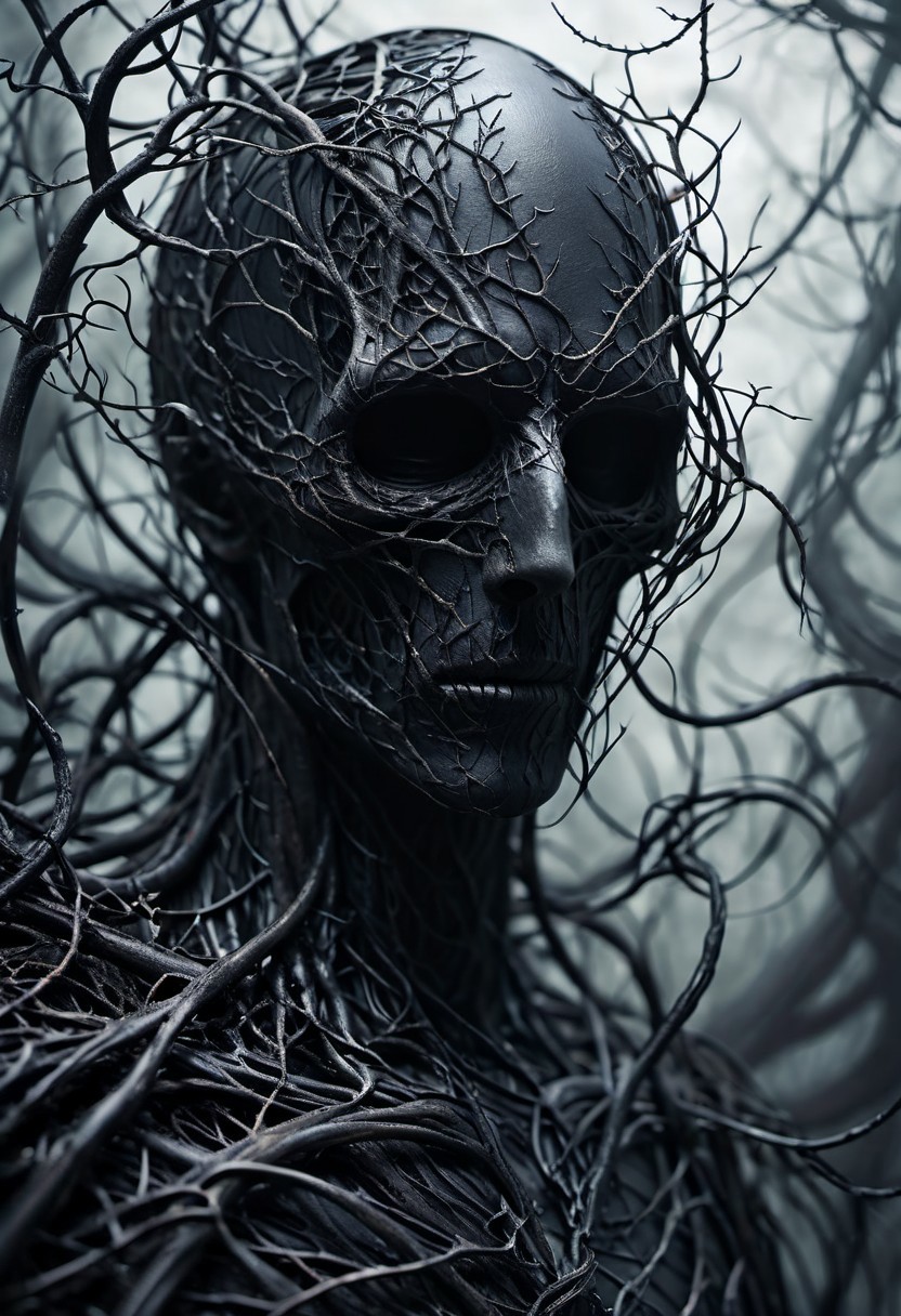 fractalvines, the Grim Reaper made from black fractal vines, gloomy, portrait, close-up shot,