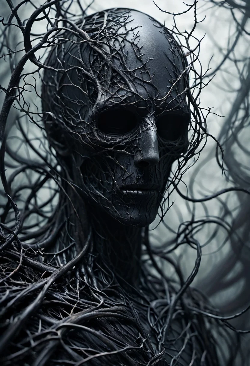 fractalvines, the Grim Reaper made from black fractal vines, gloomy, portrait, close-up shot,