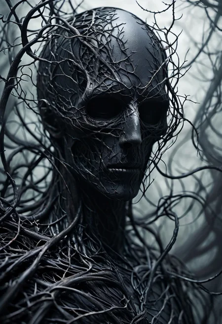 fractalvines, the Grim Reaper made from black fractal vines, gloomy, portrait, close-up shot,