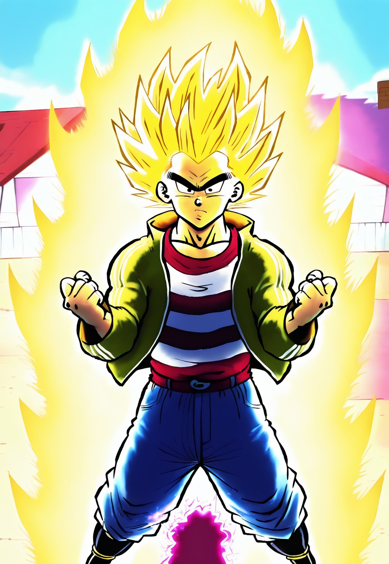 Masterpiece, absurdres, best quality, newest, 8k, cinematic, perfect lighting, anime style, Edboi, mnbrow, solo focus, green jacket, red and white striped shirt, unibrow, blue jeans, black shoes, going Super Saiyan, (Super Saiyan spiky blonde wig:1.2), (extremely muscular:1.3), supersaiyanaura, power, aura, sharp aura, yellow aura, outdoors, detailed background, vivid effects, electricity