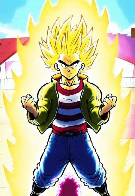 Masterpiece, absurdres, best quality, newest, 8k, cinematic, perfect lighting, anime style, Edboi, mnbrow, solo focus, green jacket, red and white striped shirt, unibrow, blue jeans, black shoes, going Super Saiyan, (Super Saiyan spiky blonde wig:1.2), (extremely muscular:1.3), supersaiyanaura, power, aura, sharp aura, yellow aura, outdoors, detailed background, vivid effects, electricity