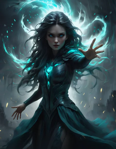 Capture the awe-inspiring power of a wind sorceress as she conjures a spell with elegant gestures, unleashing a devastating hurricane. Emphasize her delicate hands amidst a swirling tornado and her hair fluttering in the wind. Set the scene with a white, teal, and grey colour palette, enhanced by HDR and ray tracing for a visually stunning masterpiece.