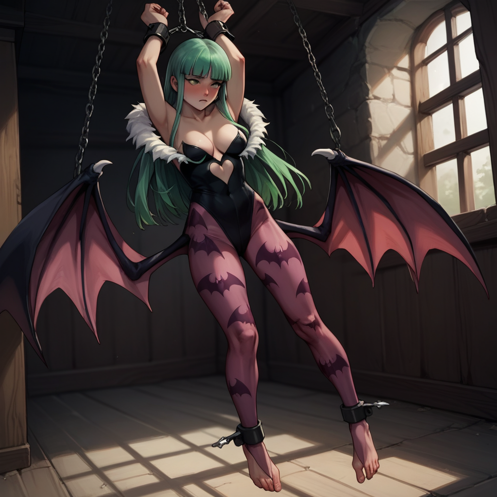 score_9, score_8_up, score_8, (source_anime), hanging_suspension, BREAK, Morrigan Aensland, restrained, bound wrists, blush, perfect face, 1woman, 22 years old, MorriganAe, hime_cut, emerald_green hair, green eyes, blunt bangs, fur trim, bridal gauntlets, print pantyhose, bat print, cleavage, hanging_suspension, BREAK, 1woman, bondage, bdsm, suspension, standing, arms_up, cuffs, bound_wrists, upright_restraints, standing_restraints, tiptoes, straight_legs, feet_dangling