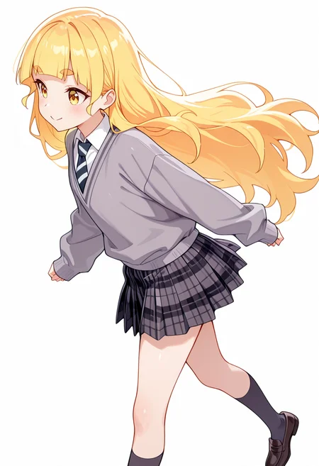 masterpiece,high quality details,absurdres,
<lora:Shiraki_Hime:0.8>
hime_cnr, 1girl, blonde hair, very long hair, yellow eyes, blunt bangs, thick eyebrows,(aged up:0.7), 
hime_s2, grey sweater,white shirt, collared shirt, striped necktie, sleeves past wrists,plaid skirt, pleated skirt, loafers,, simple background, white background, from side,solo,, c:,