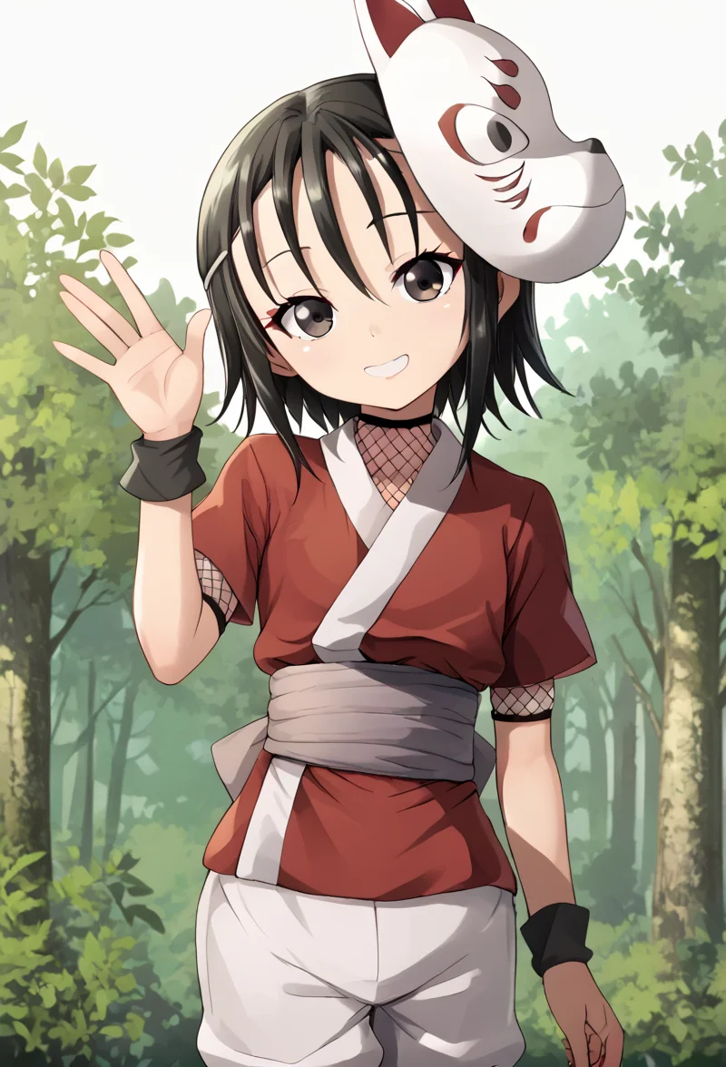 <lora:rindou:1> rindou, smile, solo, looking at viewer, japanese clothes, fox mask, mask on head, white shorts, short sleeves, fishnets, sash, white background, waving arm, forest,