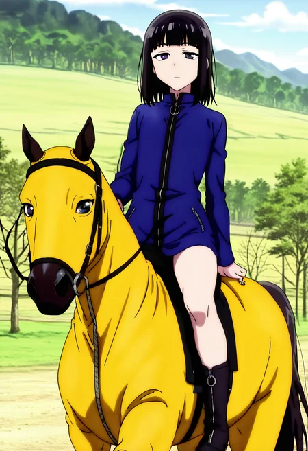 masterpiece, best quality, absurdres, detailed skin, detailed eyes, anime colored, anime screencap,
<lora:Suzushiro_Hatsuka_IL-000008:0.8>, 1 boy, femboy, Suzushiro Hatsuka, black hair, black eyes, looking at viewer, jacket, zipper, bare legs, boots, expressionless,
<lora:Riding_horse_with_Caparison_IL:0.9>, ((yellow horsewithcaparison)), riding, horseback riding,
outdoors,