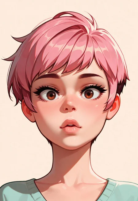 chibi, high contrast, masterpiece, best quality, amazing quality, very aesthetic, retro artstyle, realistic, promotional art, newest, volumetric lighting.
(artist:incase:0.5), (artist:tsuaii:0.5), color theory,
1girl, face, solo, straight-on, focus on face, front view, portrait, (intrigued: 1.5), Pixie cut, pink hair, brown eyes, luminescent background, simple background.
