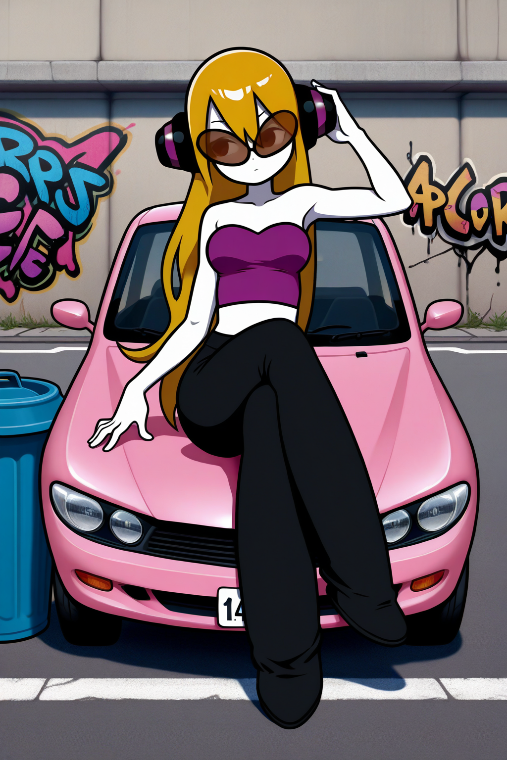 masterpiece, best quality, amazing quality, absurdres, solo, mcadore, bored, sitting, on pink car, crossed legs, looking away, long blonde hair, orange sunglasses, purple headphones, white skin, purple crop top, strapless, sleeveless, black pants, outdoors, parking lot, trash can, graffiti
