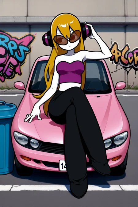 masterpiece, best quality, amazing quality, absurdres, solo, mcadore, bored, sitting, on pink car, crossed legs, looking away, long blonde hair, orange sunglasses, purple headphones, white skin, purple crop top, strapless, sleeveless, black pants, outdoors, parking lot, trash can, graffiti
