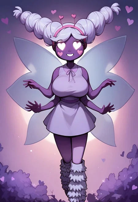 BREAK Score_9, Score_8_up, Score_7_up, source_cartoon, huge breasts, mewberty_star, smile, purple skin, pale lavender hair, up in two buns, bright heart eyes, pink heart on each cheek, six arms, large purple butterfly wings, antennae, pale lavender sleeveless dress, pale lavender leg warmers,