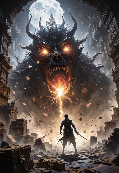 In a grand library, a man stands in a fierce battle against a gigantic, menacing book. The book is wide open, its pages flapping wildly as it lunges toward him, spewing torn sheets of paper and slimy drool in every direction. The man, wielding a sword, braces himself against the onslaught, determination etched on his face. As the book roars in fury, an explosive shockwave emanates from its mouth, distorting the air around it. Surrounding shelves overflow with scattered tomes and fluttering pages, creating a chaotic yet surreal atmosphere, capturing the intensity of this unusual literary battle.