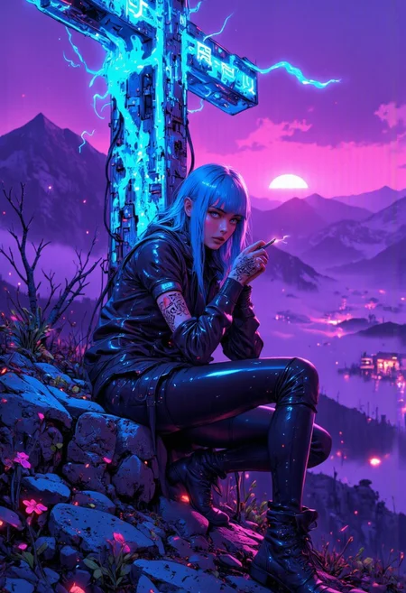 Youthful, cozy, natural skin, photoreal, wearing a leather jacket and tight vinyl pants, cinematic shot from a low angle masterpiece 30mm A close-up, macro shot portrait extreme realistic depiction of a young japan woman with long, straight, vibrant blue hair styled with blunt bangs, pale skin, blue eyes, and delicate floral beautiful tattoos on her arms, a woman sits contemplatively on a rocky outcrop, a large, weathered neon-vibrant blue cross at dusk, her is positioned slightly left of center, facing forward, but with a pensive expression, looking downward. and there's a wisp of vibrant blue smoke rising from his cigarette hand, leading to a backdrop of purple-toned mountains. The overall color palette is vibrant purple and violet, with touches of vibrant blue neon, creating a dramatic and slightly surreal atmosphere. The lighting is dramatic, highlighting the woman and the neon signs against the dark purplish-violet background. The image is styled with a muted color palette, The image has a slightly desaturated, moody aesthetic, with soft lighting and a slightly blurry background. The overall aesthetic is ethereal and slightly melancholic yet intimate, reminiscent of fine art photography. High detail, cinematic lighting. (cinematic, film grain:1.1), The style is reminiscent of Japanese fashion photography. soft natural lighting, intricate details, detailed, high quality, 8k, dynamic angle, Interested, (expression), style of Light painting, aidmaglow,