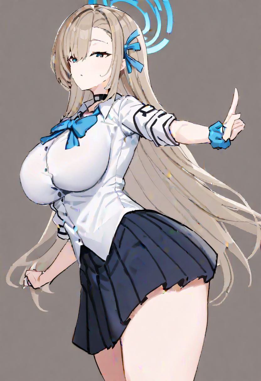 asuna \(blue archive\), 
light_brown_hair, blue_eyes, long_hair, large_breasts, hair_over_one_eye, black_choker, black_skirt, blue_bow, blue_bowtie, blue_halo, blue_ribbon, blue_scrunchie, collared_shirt, gluteal_fold, hair_ribbon, halo, long_sleeves, pleated_skirt, white_shirt, wrist_scrunchie, 
masterpiece, best quality, very aesthetic, absurdres, 1milf, 1adult, solo, full_body, tachi-e,