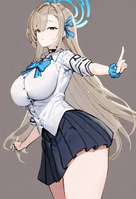 asuna \(blue archive\), 
light_brown_hair, blue_eyes, long_hair, large_breasts, hair_over_one_eye, black_choker, black_skirt, blue_bow, blue_bowtie, blue_halo, blue_ribbon, blue_scrunchie, collared_shirt, gluteal_fold, hair_ribbon, halo, long_sleeves, pleated_skirt, white_shirt, wrist_scrunchie, 
masterpiece, best quality, very aesthetic, absurdres, 1milf, 1adult, solo, full_body, tachi-e,