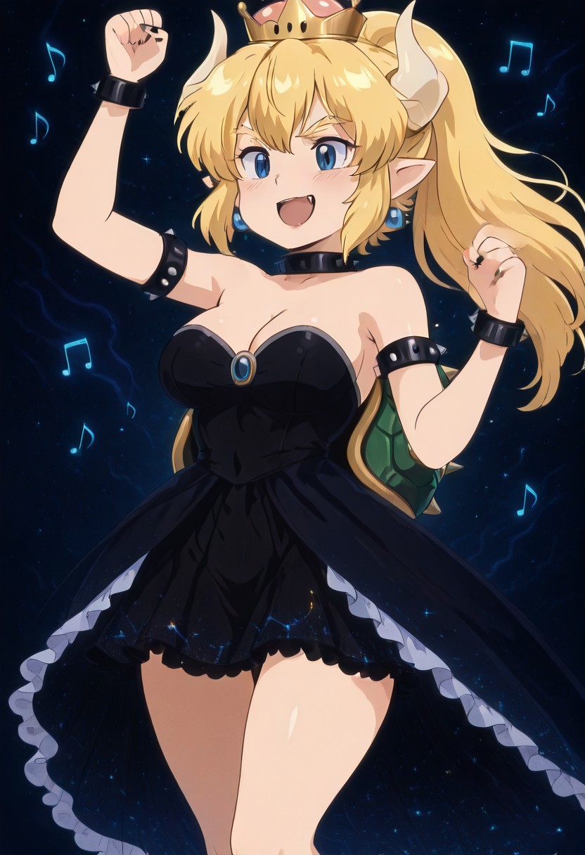masterpiece, best quality,   AdFF, turntable, blue theme,    (music notes),     SilkStarsCitron, dark blue, dress, starry sky print, bare shoulders,  frilled dress, sleeveless dress, constellation, star (sky),  ,    (side view),   
,[],
Bowsette,yellow_hair, ponytail, wavy hair, blue_eyes, pointy_ears, horns,crown,earrings, huge_breasts, fire theme,
,[],
 large breasts, bare shoulders, star earrings, crown  C0utur3Cr4z3, solo, navel, blue hair, jacket,  open clothes, hood, hoodie, headphones, hood up, white shirt,  smile, fang, (dancing), arms up, dynamic angle,