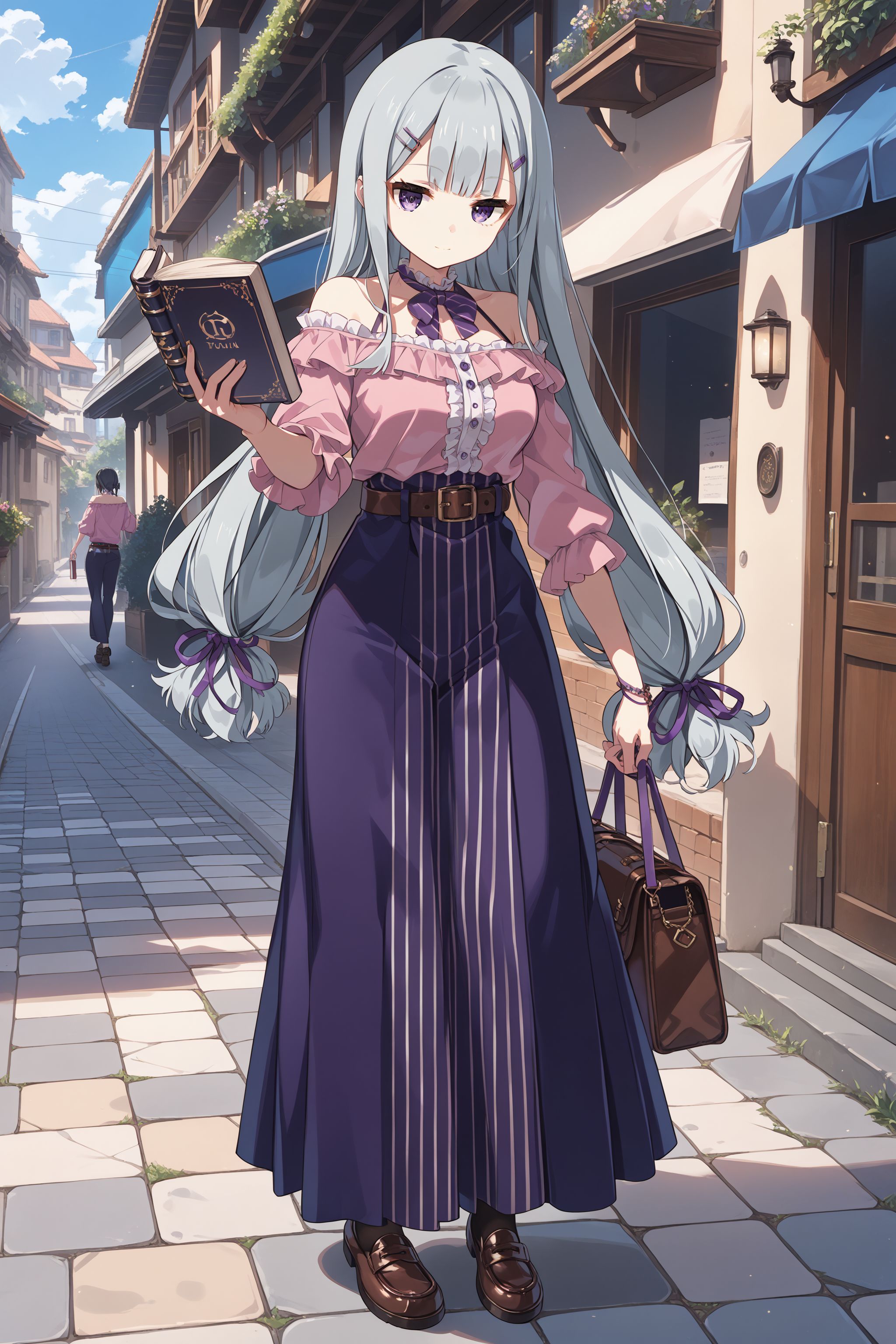 score_max, (score_9, score_8_up, score_7_up:1.2), score_6_up, official art, source_anime,
, masterpiece, absurdres, high detail, 8k,
town, street, stone floor,
standing, hand up, holding book, bored, light smile,
solo, rubetti, low-tied long hair, hairclip, hair ribbon, purple ribbon, halter leotard, pink shirt, off-shoulder shirt, frills, strap, purple bowtie, belt, purple skirt, long skirt, vertical stripes, loafers,
<lora:XL_Pony_gomaotsu-ruberis-t1:1.0>