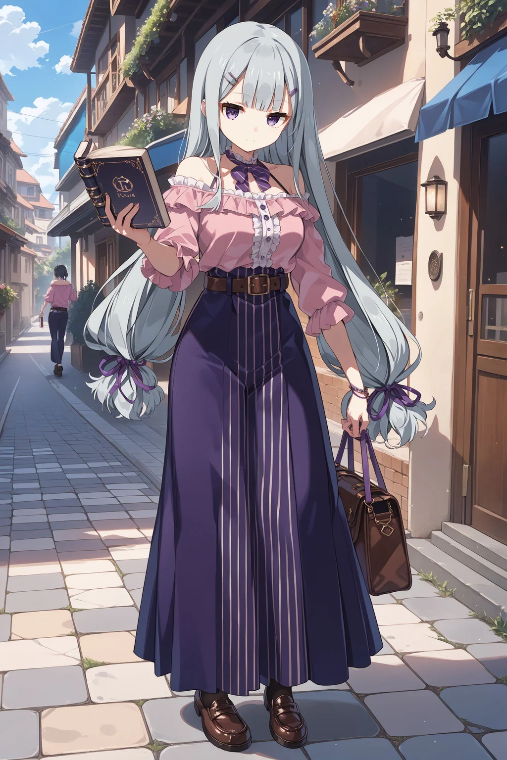 score_max, (score_9, score_8_up, score_7_up:1.2), score_6_up, official art, source_anime,
, masterpiece, absurdres, high detail, 8k,
town, street, stone floor,
standing, hand up, holding book, bored, light smile,
solo, rubetti, low-tied long hair, hairclip, hair ribbon, purple ribbon, halter leotard, pink shirt, off-shoulder shirt, frills, strap, purple bowtie, belt, purple skirt, long skirt, vertical stripes, loafers,
<lora:XL_Pony_gomaotsu-ruberis-t1:1.0>