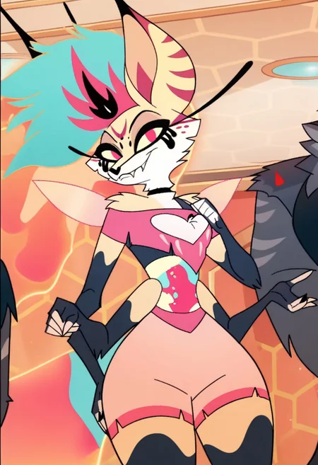 Score_9, score_8_up, score_7_up, score_6_up, score_5_up, score_4_up, 1girl, solo, big hips, thighs, cartoon_screencap, screencap, QueenB, Anthro Fennec Fox, Furry Female, Mohawk Hair, Ethereal Hair, Multicolored Hair, Pink Eyes, Yellow Sclera, Long Eyelashes, Running Mascara, Yellow Fur, White Fur, Striped Ears, Multicolored Midriff, Pixie Wings, Four Arms, Black Choker, Off-shoulder Top, Pink Crop Top, Black Bra, Clothing Cutout, Heart Shaped Cutout, Midriff, Pink Shorts, looking at viewer, smile, fangs, cowboy shot
