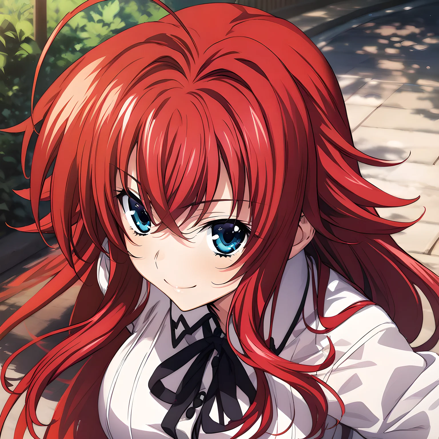 (masterpiece),(best quality),(ultra-detailed),(best illustration),(best shadow),(absurdres),(detailed background),(very aesthetic), rias_gremory, red hair, long hair, blue eyes, green eyes, ahoge, large breasts, cowboy shot, school uniform, looking at viewer, smile, portrait, close-up, <lora:XL-RiasGremory:1>