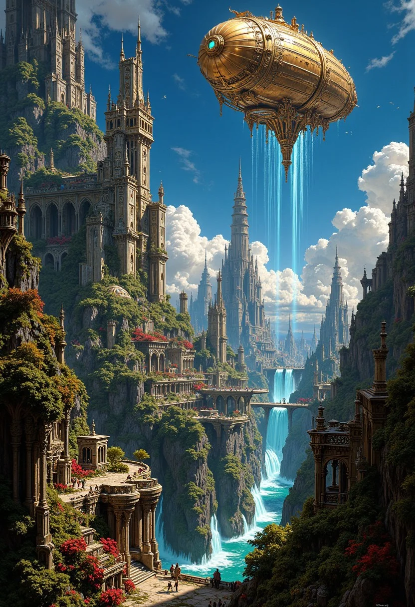 In a sprawling aetherpunk cityscape, towering spires of gleaming metal and glowing energy merge with organic elements like shimmering vines and moss-covered ruins. A mesmerizing airship, adorned with intricate gears and steam vents, hovers in the sky above. This enchanting painting captures the fusion of futuristic technology and natural elements in the aetherpunk genre, with impeccable attention to detail and vibrant colors that bring the scene to life in unparalleled quality.