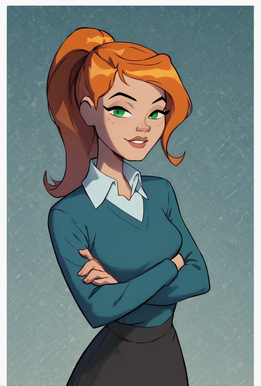 <lora:ovgwen-03:1> ovgwen, green eyes, 1girl, ponytail, orange hair, solo, blue shirt, freckles, white collared shirt, black skirt , sweater, ((simple cyan navy blue background, white borders,detailed background, splotches background, )) smiling, upper body, crossed arms,, teeth, lips, half closed eyes, hearts, seductive stare,, score_9, score_8_up, score_7_up, masterpiece, best quality