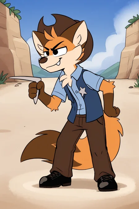 toddhayseed, furry male, fox boy, body fur, orange fur, two-tone fur, short hair, fox ears, black eyes, animal nose, chest tuft, fox tail, cowboy hat, light blue shirt, collared shirt, short sleeves, blue vest, open vest, sheriff badge, brown pants, black shoes, 1boy, solo, full body, tall, standing, legs together, smiling, grinning, fang, long legs, saloon, outdoors, sand, holding boomerang, Expressiveh