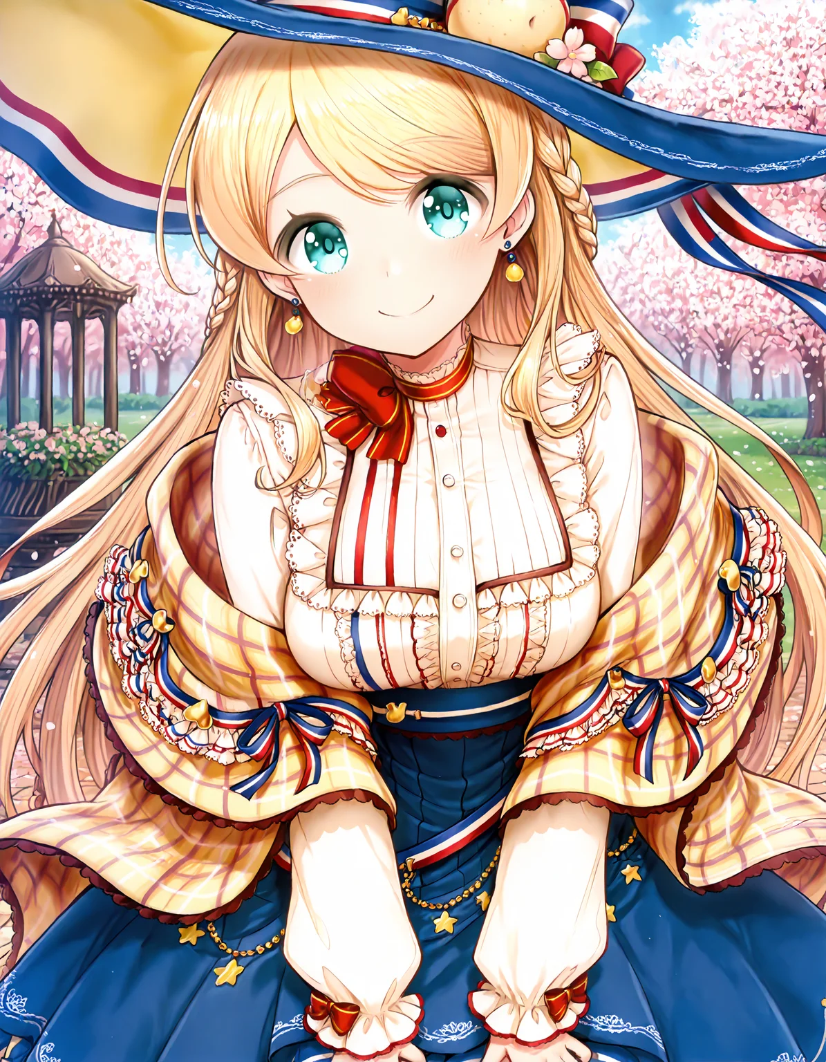 masterpiece, best quality, amazing quality, 1girl, <lora:fran_il:1>, fran \(shironeko project\), blonde hair, long hair, hair ornament, aqua eyes, swept bangs, braid, hat, star earrings, neck ribbon, frilled shirt, long sleeves, plaid shawl, blue skirt, cherry blossom