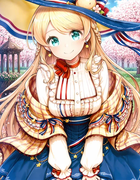 masterpiece, best quality, amazing quality, 1girl, <lora:fran_il:1>, fran \(shironeko project\), blonde hair, long hair, hair ornament, aqua eyes, swept bangs, braid, hat, star earrings, neck ribbon, frilled shirt, long sleeves, plaid shawl, blue skirt, cherry blossom